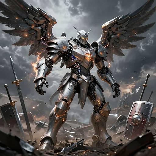 Digital art of a metallic, winged warrior robot with glowing orange accents, standing amidst broken swords and shields in a stormy sky.