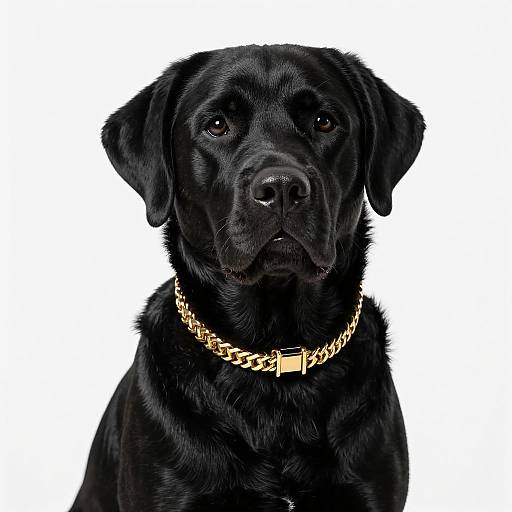 Photograph of a black Labrador Retriever with shiny fur, wearing a gold chain collar, staring forward against a white background.