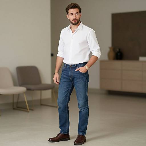 Photograph of a bearded man with short brown hair, wearing a white button-up shirt, blue jeans, brown shoes, and a gold watch,