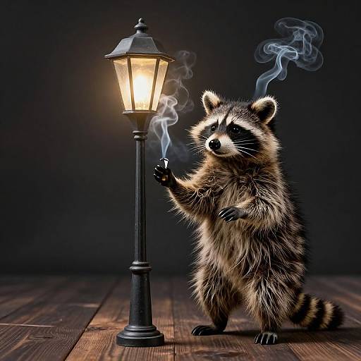 Photograph of a realistic raccoon standing on its hind legs, smoking from a cigarette, next to a glowing, smoke-emitting street lamp on a