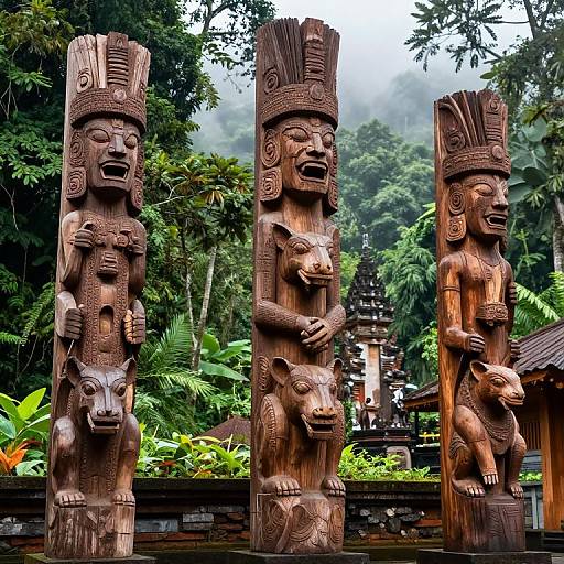 Hand-Carved Totem Statues in Rainforest