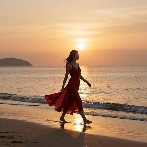 Silhouetted woman in a flowing red dress walks on a sandy beach at sunset, with the sun reflecting on the calm ocean.