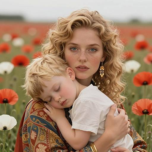 Protective Woman with Sleeping Boy in Poppies