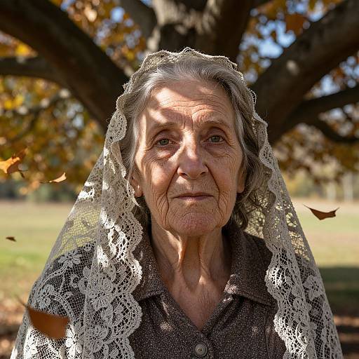 Photograph of an elderly woman with wrinkled skin, wearing a lace veil and brown shirt, standing in a sunlit autumn park.