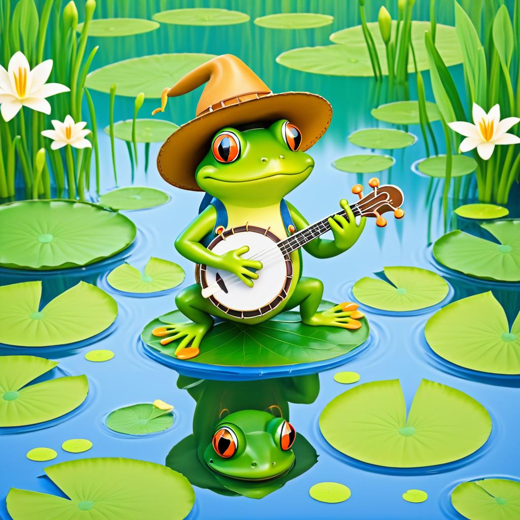 Frog Playing Banjo in Lily Pad Pond