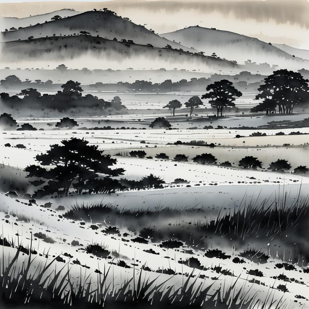 Serene Frosted Moor Landscape in Ink Wash