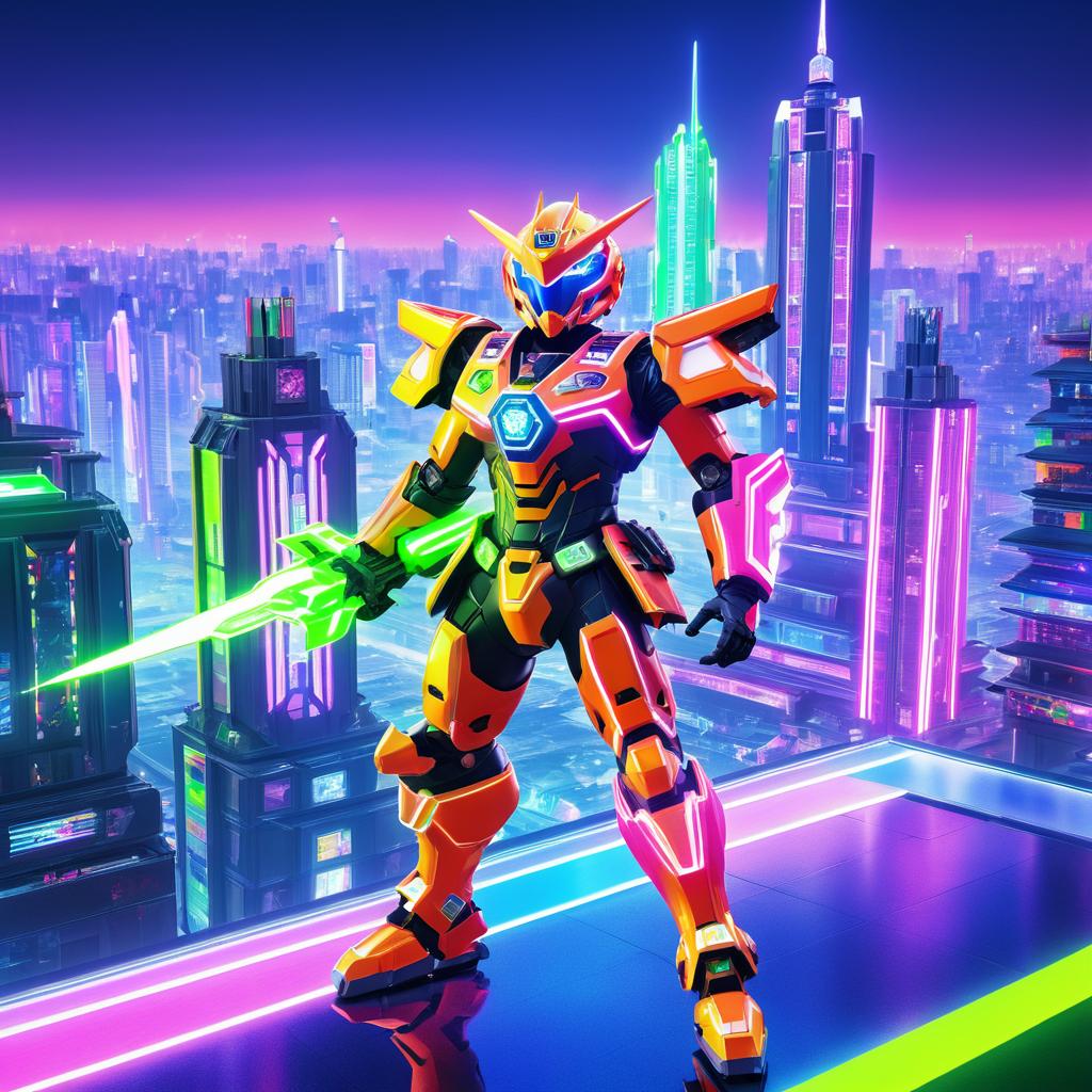 Futuristic Mech Warrior in Neon City