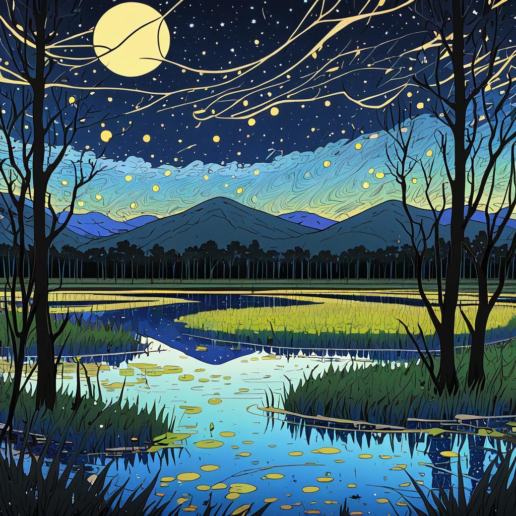 Starry Cartoon Wetlands with Tangled Vines