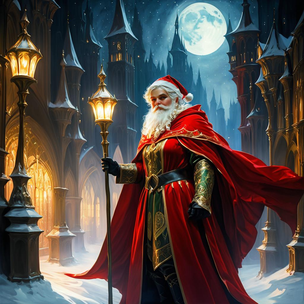 Elf Santa in Dark Cityscape Art