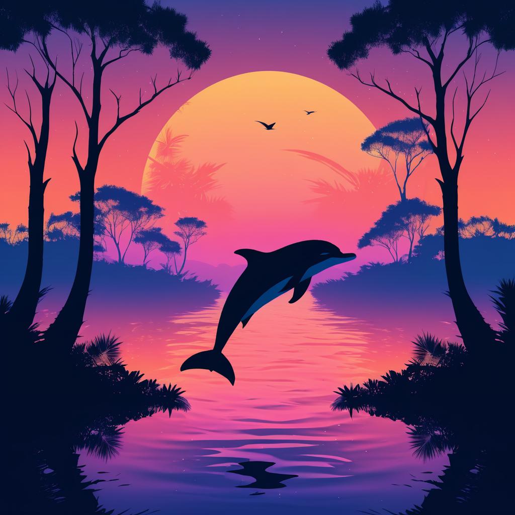 Dolphin Silhouette in Twilight Landscape