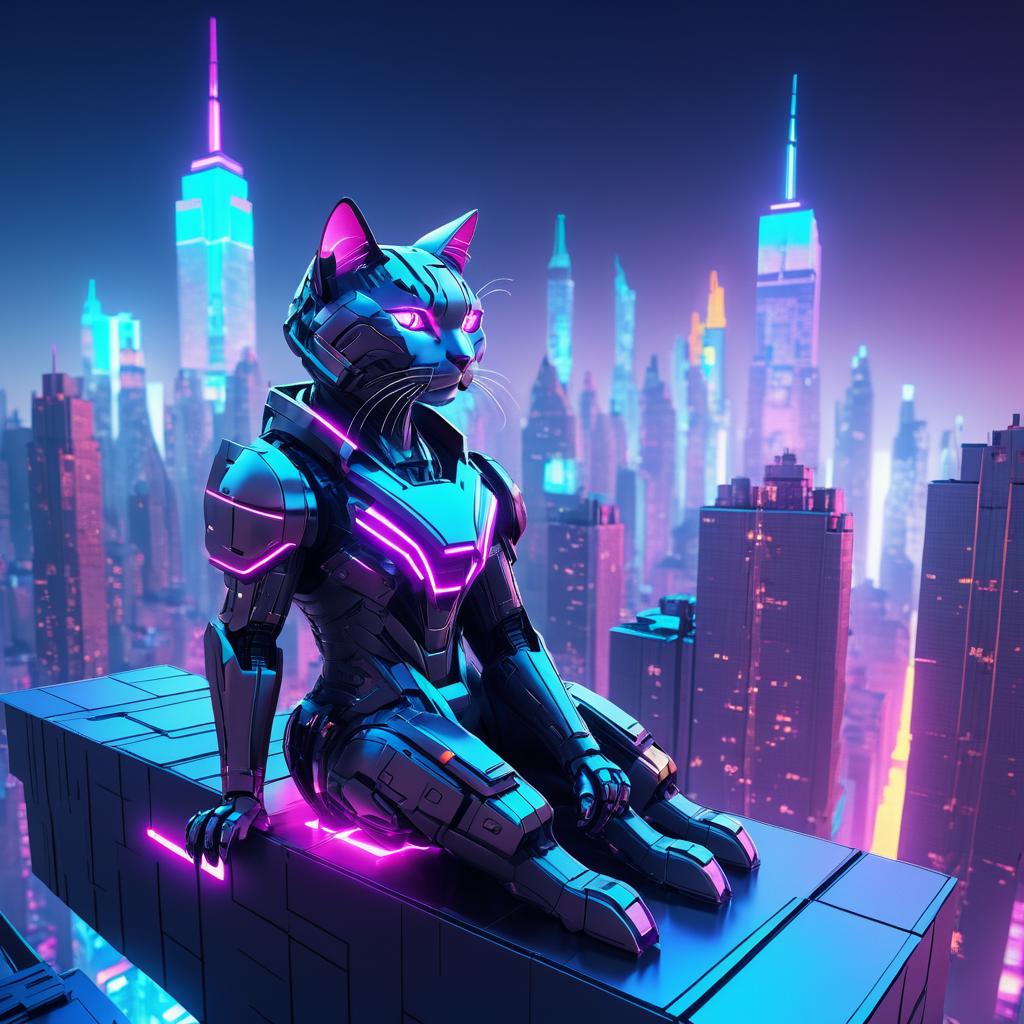 Giant Robot Cat in Cyberpunk Skyline