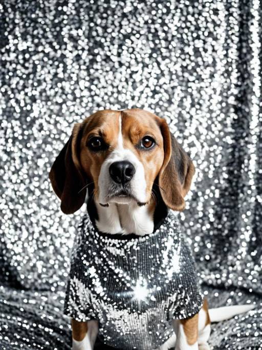 Beagle in Silver Sequin Dress