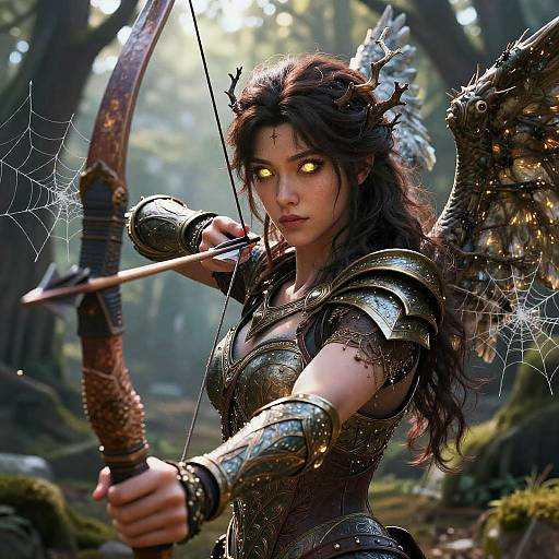 Digital artwork of a fierce, glowing-eyed, dark-haired elf archer with intricate armor and winged back, drawing a bow in a sunlit forest