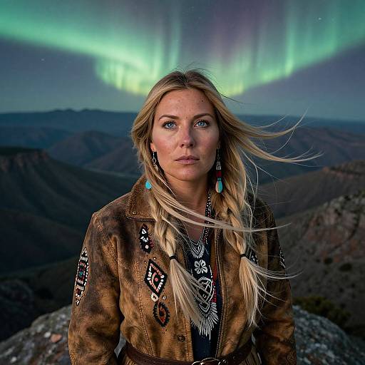 Photograph of a blonde woman with braided hair, wearing a brown Native American-style jacket, turquoise earrings, and necklace, against a backdrop of vivid