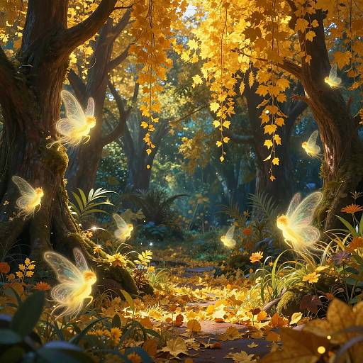 Enchanting forest scene with glowing butterflies flitting among vibrant orange autumn leaves, illuminated by soft sunlight filtering through tall trees. Digital art.