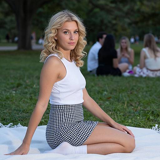 Blonde Woman Sitting on Blanket in Park
