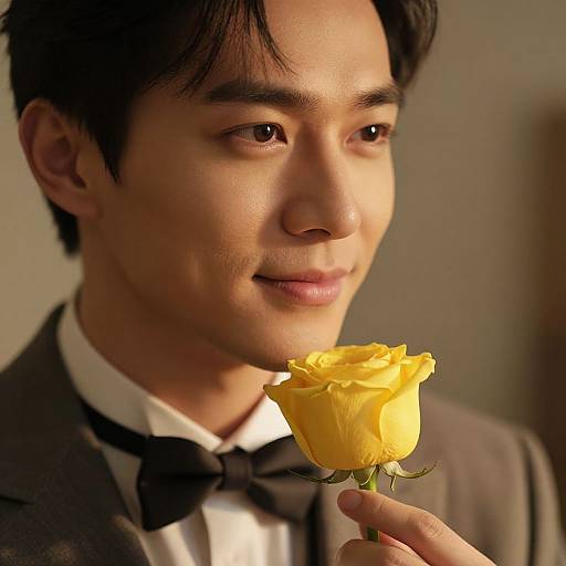 Photograph of an Asian man in a black suit, bow tie, holding a yellow rose, looking softly at the flower. Warm light highlights his face