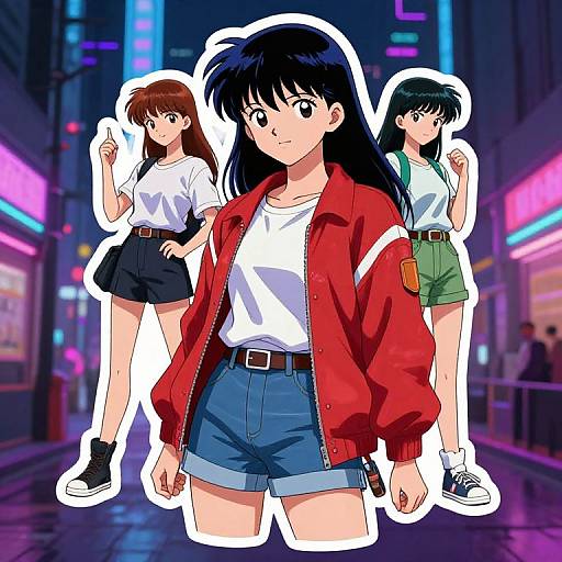 Anime-style digital illustration of three girls in a neon-lit city street. Central girl wears red jacket, white shirt, and blue shorts, flanked