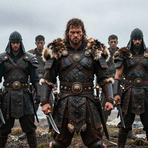 Photograph of four rugged, bearded Viking warriors with fur-trimmed armor, dark helmets, and swords, standing in a snowy, rocky landscape