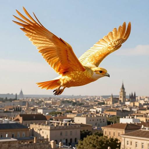 Photograph of a golden-orange eagle soaring over a sunlit urban skyline with distant church spires, wings spread wide, against a clear blue sky.