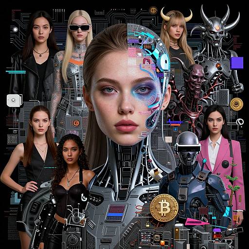 Digital collage of six women with cyberpunk styles, futuristic elements, and tech-themed accessories, centered on a glowing, holographic face.