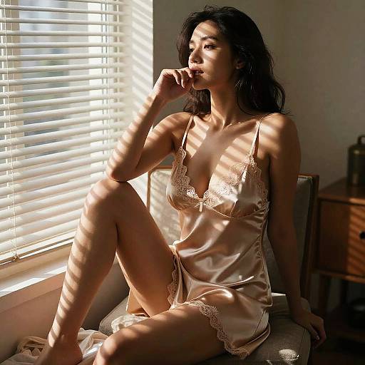 Photograph of an Asian woman with long black hair, in a satin, lace-trimmed nightgown, sitting by sunlit window, shadows