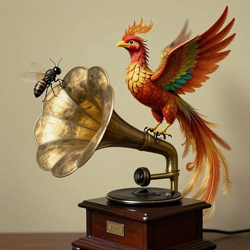 Surreal Phoenix Rising from Phonograph
