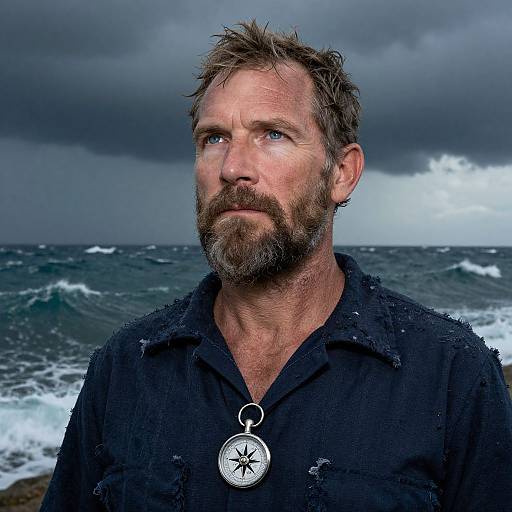 Photograph of a rugged, bearded man with blue eyes, wearing a black shirt and a star compass pendant, standing on a stormy beach with