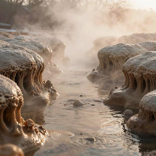 Photograph of a frost-covered, glistening creek with intricate, icicle-like formations lining both sides, backlit by a bright, misty sunrise