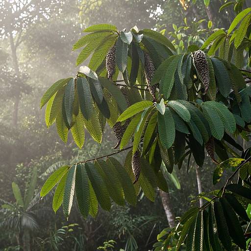 Photograph of sunlit green leaves with hanging brown catkins in a dense, misty forest, sunlight filtering through the canopy.