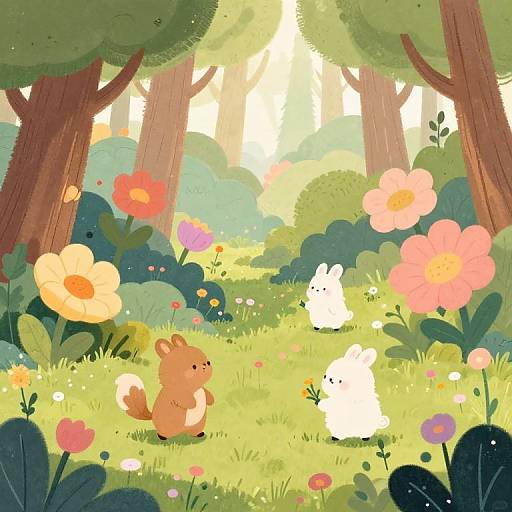 Whimsical forest scene: cartoon-style illustration of a brown squirrel and white bunny among colorful flowers and tall trees, with sunlight filtering through.