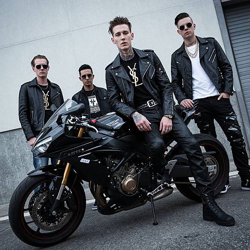 Photograph of four tattooed, dark-haired men in black leather jackets and sunglasses, posing with a black motorcycle against a gray concrete wall.