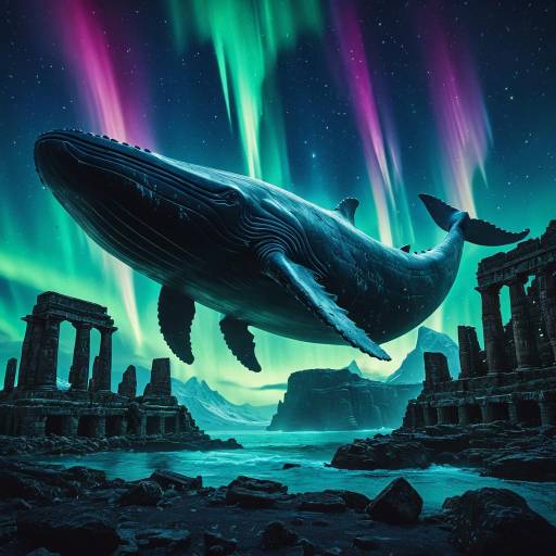 Floating Whale Over Ancient Ruins Under Aurora Australis