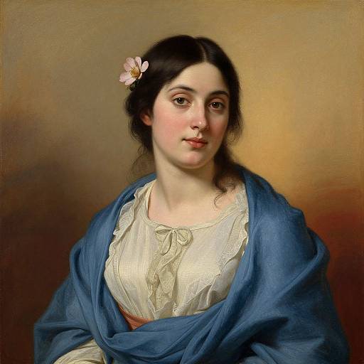 Digital painting of a young woman with fair skin, dark hair, and a pink flower, wearing a blue shawl over a white lace dress, against