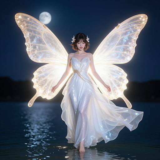Photograph of a woman in a glowing white dress with illuminated butterfly wings, standing in water at night under a full moon.