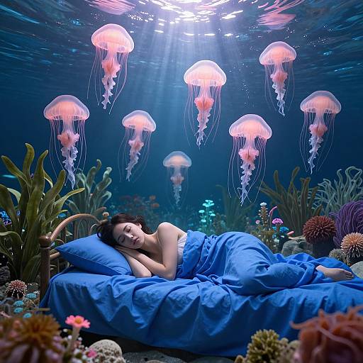 Underwater photograph: Woman with dark hair sleeps on a blue-covered bed, surrounded by glowing pink jellyfish and vibrant coral, illuminated by sunlight rays.