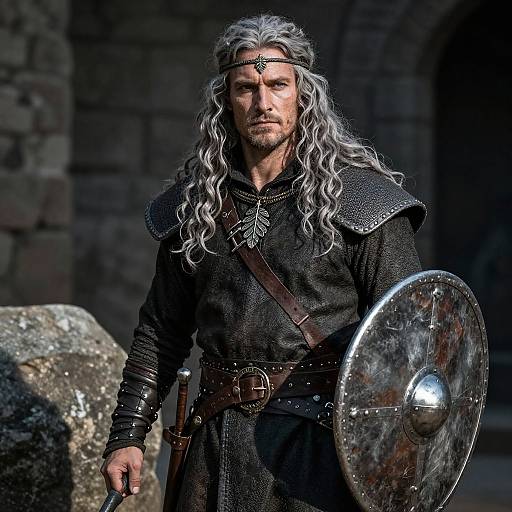 Photograph of a rugged, gray-haired Viking warrior with long hair, wearing dark armor and a headband, holding a reflective shield, standing in front