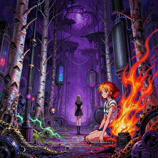 Digital anime artwork: Orange-haired girl with school uniform sits by fiery flames in futuristic, purple-hued forest with glowing neon trees.