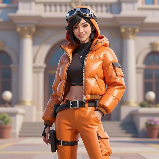 Stylish Female in Orange Puffer Jacket and Goggles