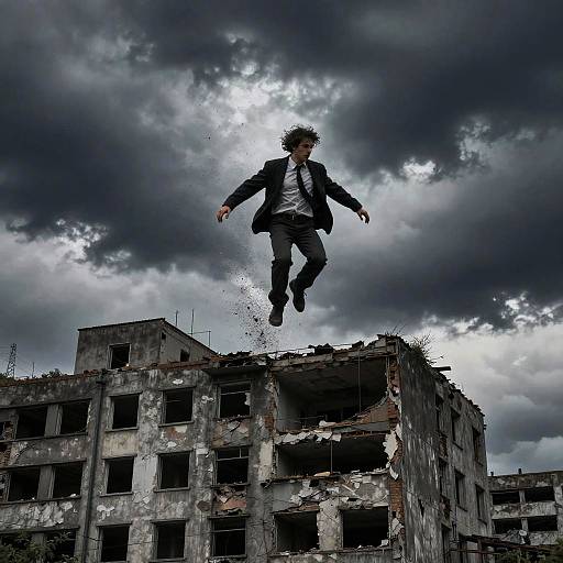 Figure Dissolving Amid Stormy Ruins