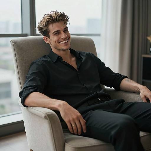 Photograph of a smiling, light-skinned man with brown, wavy hair, wearing a black button-up shirt and black pants, sitting in a