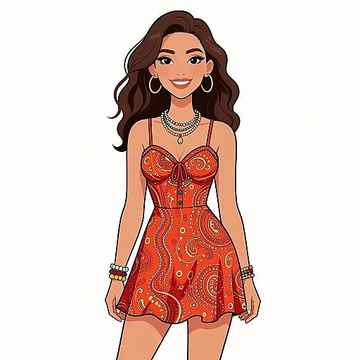 Digital illustration of a smiling, tan-skinned woman with long brown hair, wearing a red, patterned, spaghetti-strap dress, gold jewelry,