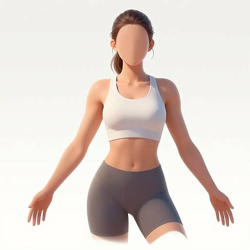 Digital CGI image of a faceless, fit woman with brown hair in a ponytail, wearing a white sports bra and gray bike shorts.