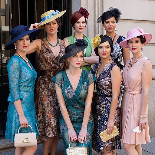Photograph of seven stylish women in elegant dresses and hats, standing in front of a building, holding handbags, showcasing diverse colorful outfits and accessories.