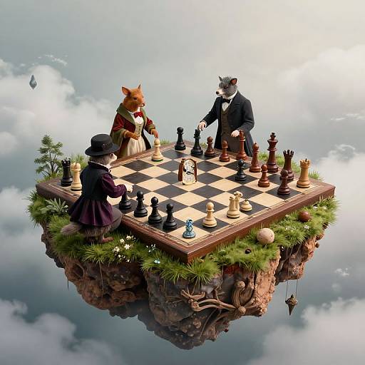 Digital artwork of anthropomorphic fox and mouse playing chess on a floating, grassy island with clouds and chess pieces.