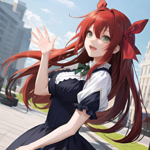 Digital anime-style artwork of a red-haired girl with blue eyes, wearing a black and gold, revealing, fantasy outfit, with dynamic orange and black abstract