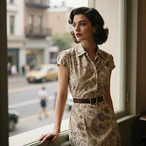 Photograph of a 1950s-style woman with dark, wavy hair, wearing a brown floral dress with a black belt, leaning on a