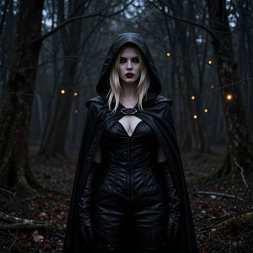 Photograph of a pale, blonde woman with dark lipstick, wearing a black, hooded, cleavage-revealing coat, standing in a dark