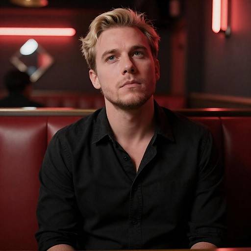 Serious Man in Red-Lit Booth