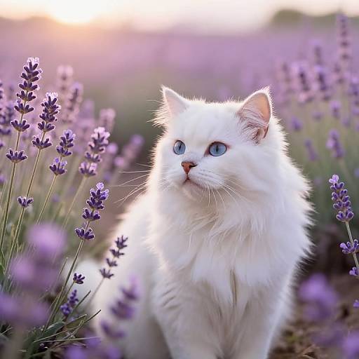 Photograph of a white, fluffy cat with blue eyes standing in a lavender field at sunset, surrounded by purple lavender flowers.
